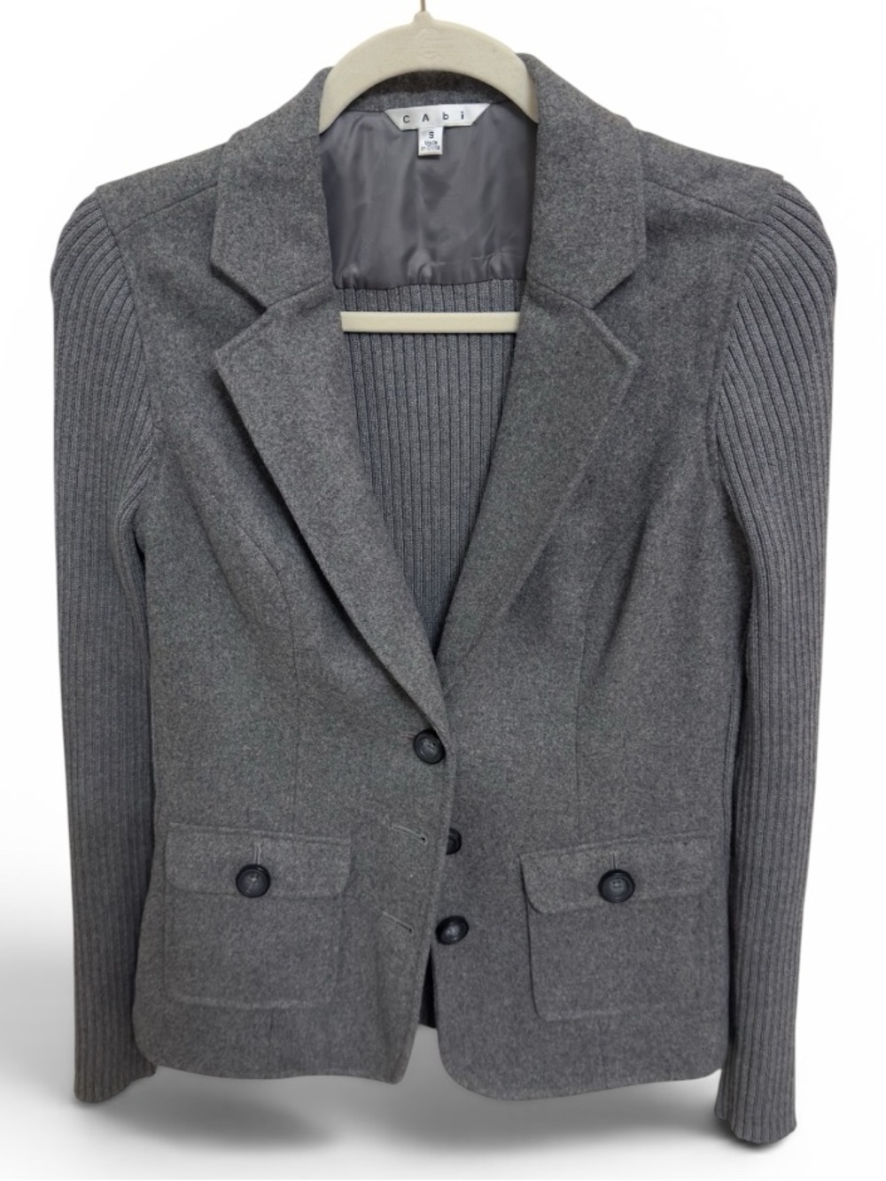 CAbi Charcoal Gray Knit Blazer with Buttoned Flap Pockets